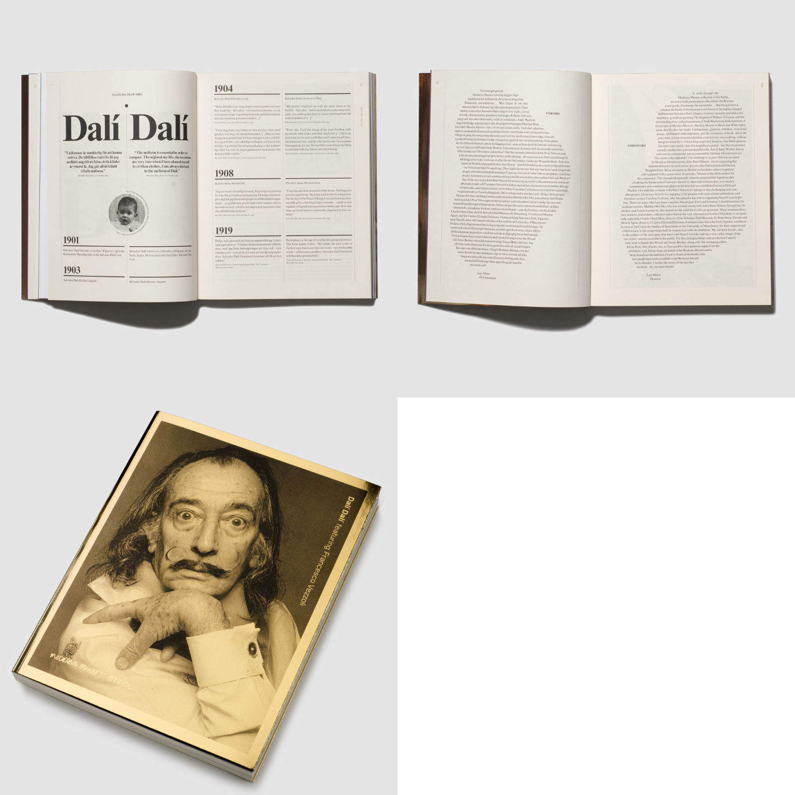 Katalog för Moderna Museets utställning "Dalí featuring Francesco Vezzoli" (2009). Banker-Wessel berättar att de ville skapa ett något dekadent uttryck med guld och svart i omslaget, och en inlaga på ömsom obestruket och bestruket papper. Foto: Banker-Wessel.